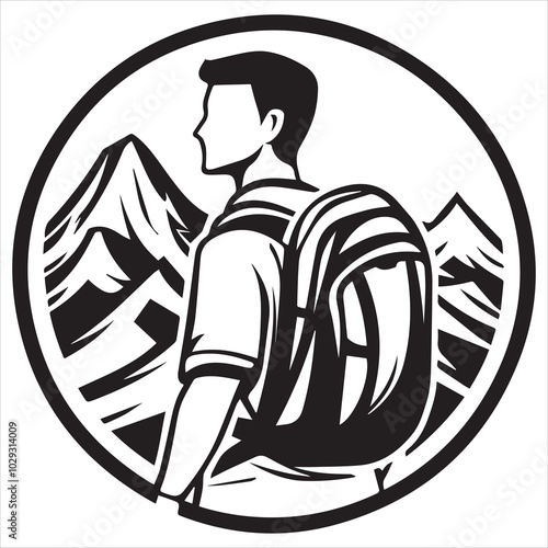Silhouette of Hiker with Backpack in Mountain Forest Landscape.