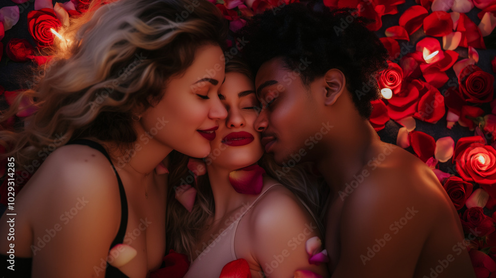 Interracial polyamory triad sharing affectionate moments with rose petals around. Interracial polyamory triad sharing affectionate moments with rose petals around.