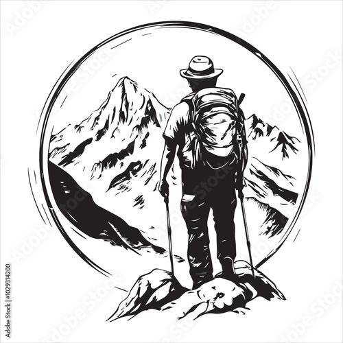 Silhouette of Hiker with Backpack in Mountain Forest Landscape.