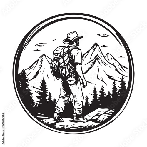 Silhouette of Hiker with Backpack in Mountain Forest Landscape.