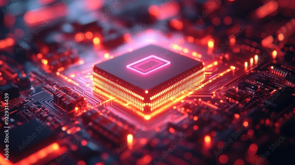 A close-up of a glowing microprocessor on a circuit board, showcasing technology and innovation. A close-up of a glowing microprocessor on a circuit board, showcasing technology and innovation.