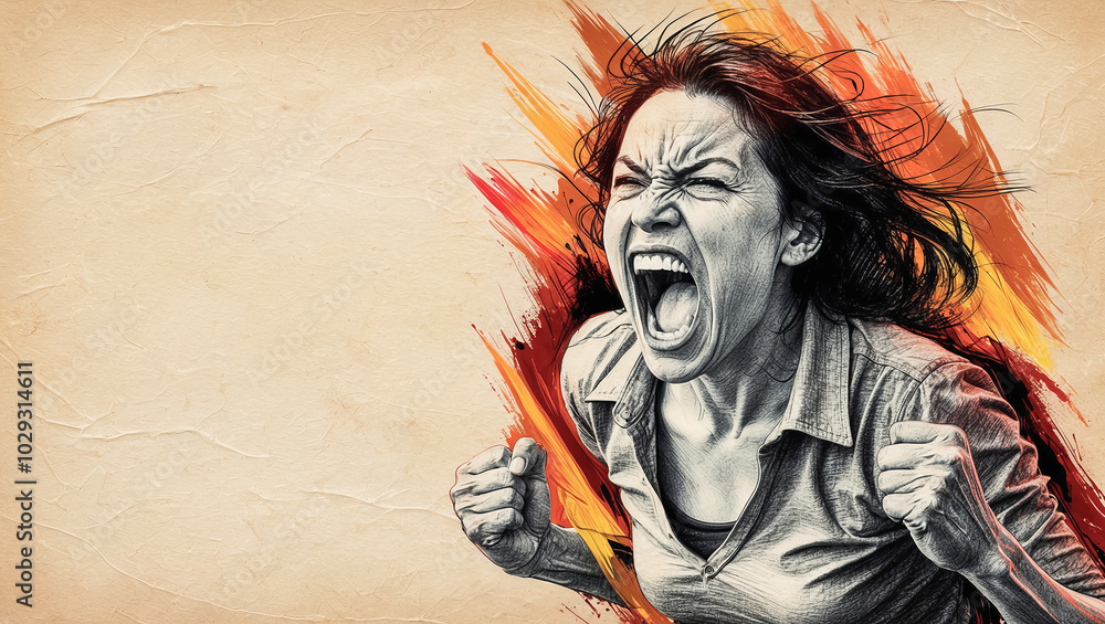 Drawing illustration portrait of a woman screaming with rage Drawing illustration portrait of a woman screaming with rage