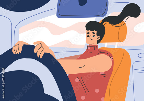 Woman Character in Car Driving Enjoy Road Trip Vector Illustration