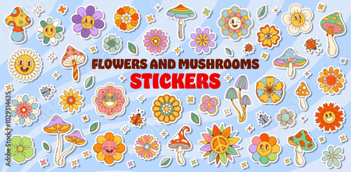 Groovy daisy flowers and mushrooms stickers pack. Cartoon vector retro hippie patches with playful chamomile blooms and whimsical fungi plants for kids fun diy, scrapbooks, journal decor and crafts