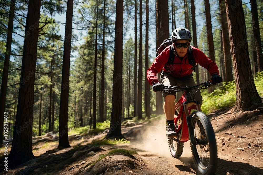 Electric Bike Mountain Adventure, Cyclist on an Electric Bike Rides Through a Scenic Trail. Electric Bike Mountain Adventure, Cyclist on an Electric Bike Rides Through a Scenic Trail.