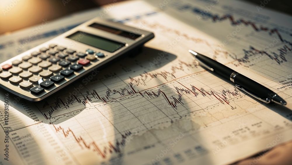 Calculator and pen on financial graphs and charts reflecting business analysis Calculator and pen on financial graphs and charts reflecting business analysis