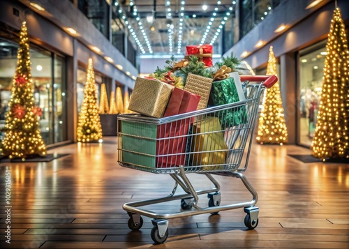 Vibrant Shopping Carts Overflowing with Gift Boxes and Bags for Holiday Shopping photo