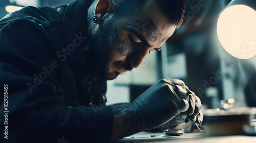 A tattoo artist inking a detailed design on a clients arm in a modern studio.