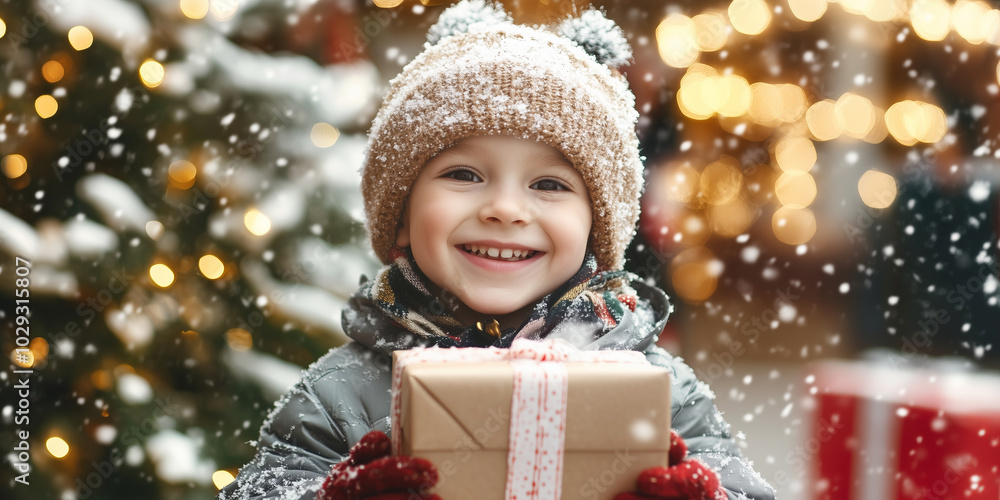 Cute child holding a gift box on traditional Christmas market on winter evening. A kid enjoying themself at Christmas fair decorated with lights. Cute child holding a gift box on traditional Christmas market on winter evening. A kid enjoying themself at Christmas fair decorated with lights.