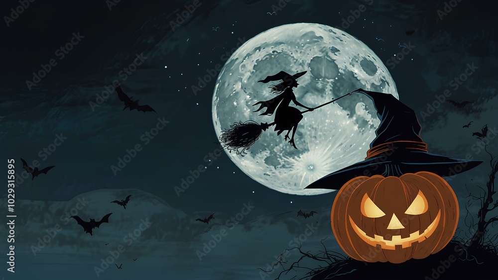 Whimsical Witch Riding Broom in Full Moonlight - Halloween Cartoon Illustration Whimsical Witch Riding Broom in Full Moonlight - Halloween Cartoon Illustration
