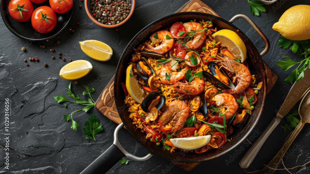 Top-down view of Bouillabaisse Paella with saffron rice, seafood, and tomatoes in a vibrant pan, garnished with herbs and lemon. Top-down view of Bouillabaisse Paella with saffron rice, seafood, and tomatoes in a vibrant pan, garnished with herbs and lemon.