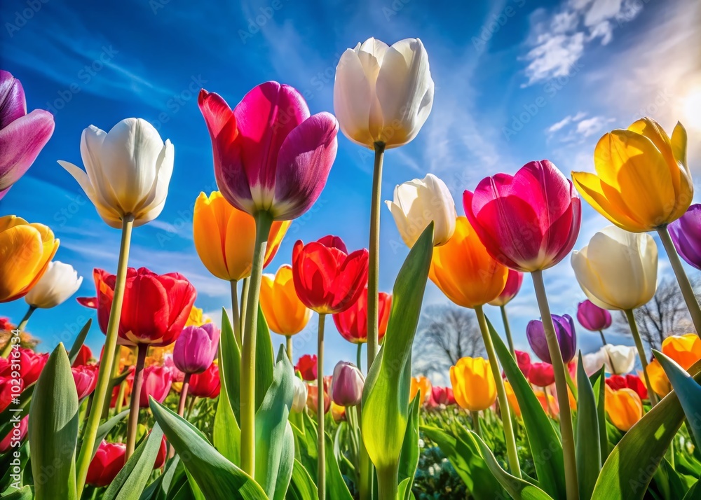 Vibrant Spring Tulips Under a Clear Blue Sky - Stunning Nature Photography Vibrant Spring Tulips Under a Clear Blue Sky - Stunning Nature Photography