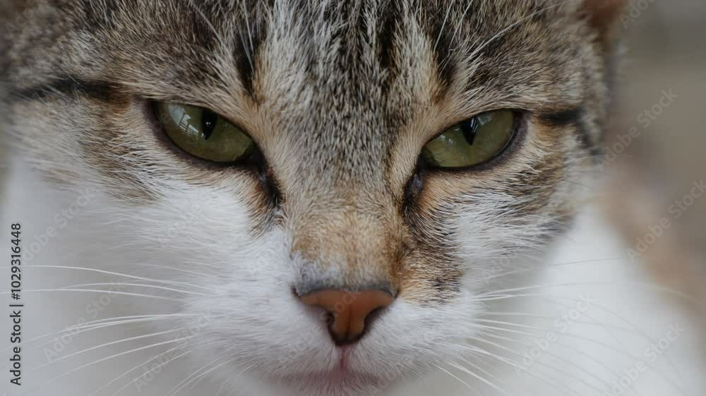 Closeup Shooting with a Beautiful Cat, a Domestic Animal, Pretty Kitten with White Fur Looking to Camera. Closeup Shooting with a Beautiful Cat, a Domestic Animal, Pretty Kitten with White Fur Looking to Camera.