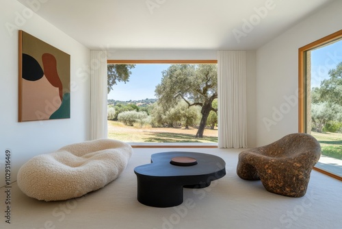 Minimalist Modern Living Room with Large Windows and Black Coffee Table photo