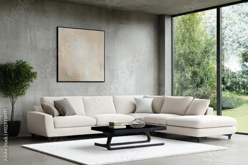 Minimalist Modern Living Room with Ivory-Textured Sofa and Abstract Art photo