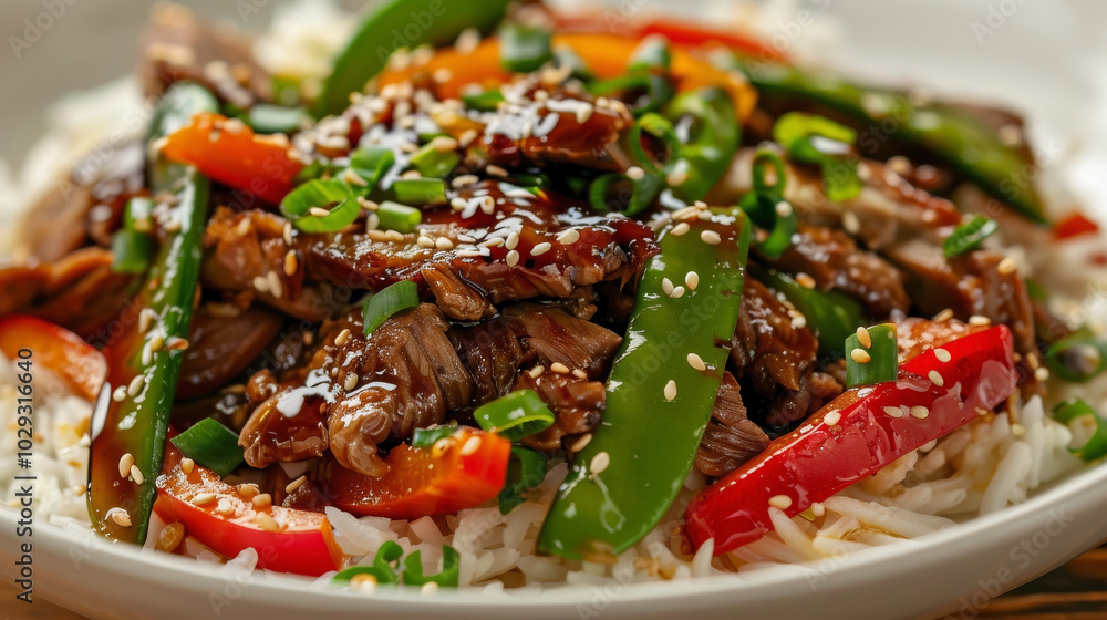 Close-up of Duck Confit Stir-fry: tender duck confit with bell peppers, snap peas, shiitake mushrooms in a soy-based sauce, served over jasmine rice and garnished with sesame seeds. Close-up of Duck Confit Stir-fry: tender duck confit with bell peppers, snap peas, shiitake mushrooms in a soy-based sauce, served over jasmine rice and garnished with sesame seeds.