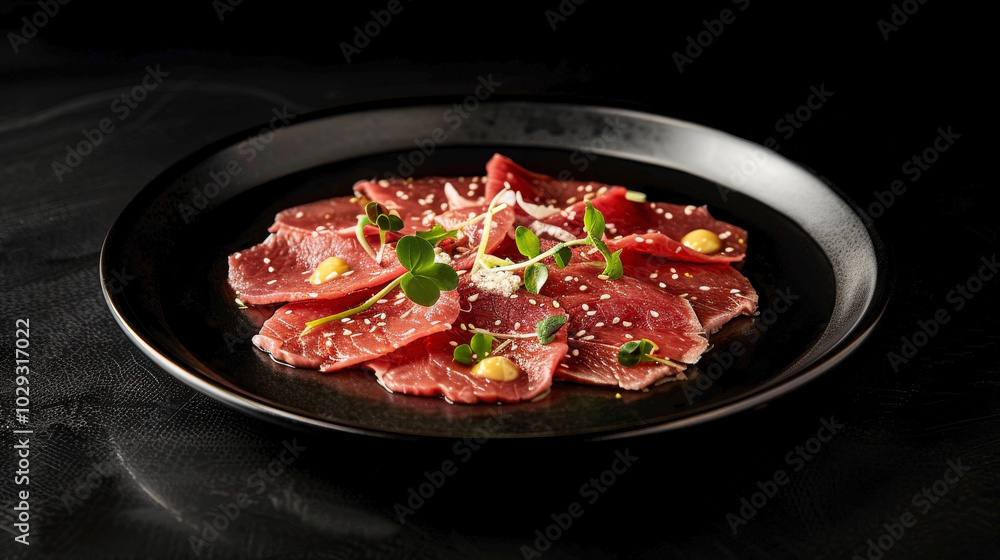 Asian-inspired Beef Carpaccio on a plate centered against a black background, highlighting the delicate presentation of the dish. Asian-inspired Beef Carpaccio on a plate centered against a black background, highlighting the delicate presentation of the dish.