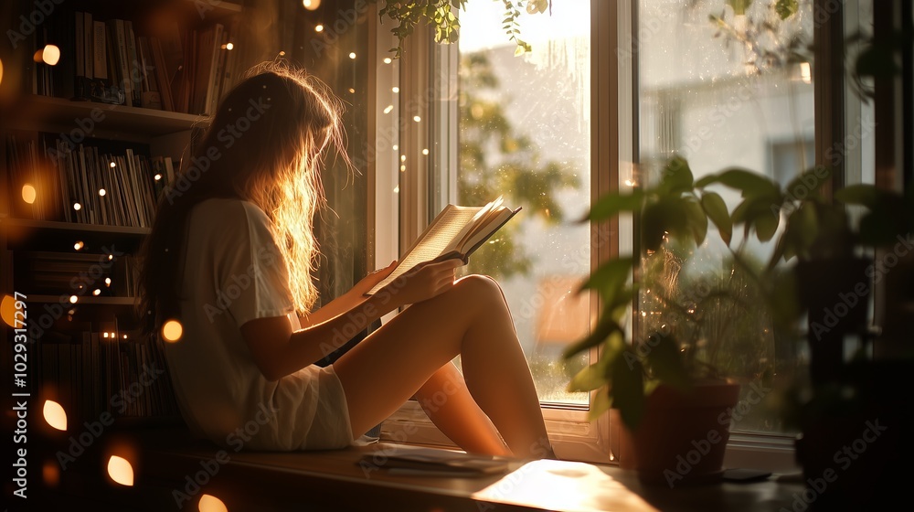A young woman reads quietly by a sunlit window, surrounded by plants and books, enjoying a peaceful moment of solitude A young woman reads quietly by a sunlit window, surrounded by plants and books, enjoying a peaceful moment of solitude