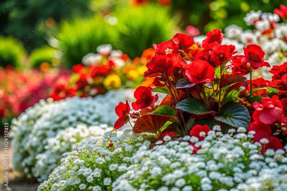 Naklejka premium Vibrant Summer Flower Garden with Red Wax Begonias and White Alyssum in Full Bloom