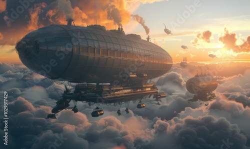 Retro-futuristic dirigibles bustling with steam-powered engines, navigating a sunset-filled sky, 4K hyperrealistic photo