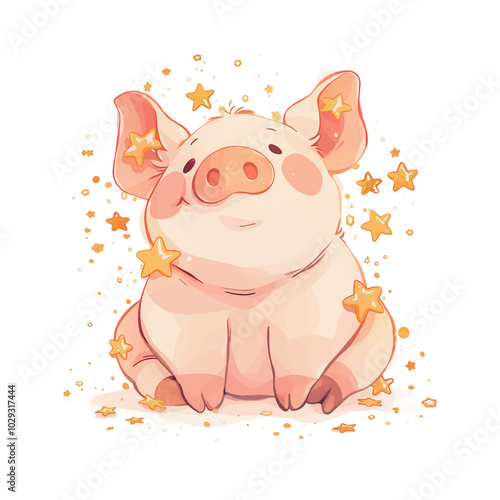 A cartoon pig is sitting on a pile of gold stars. The pig is smiling and he is happy