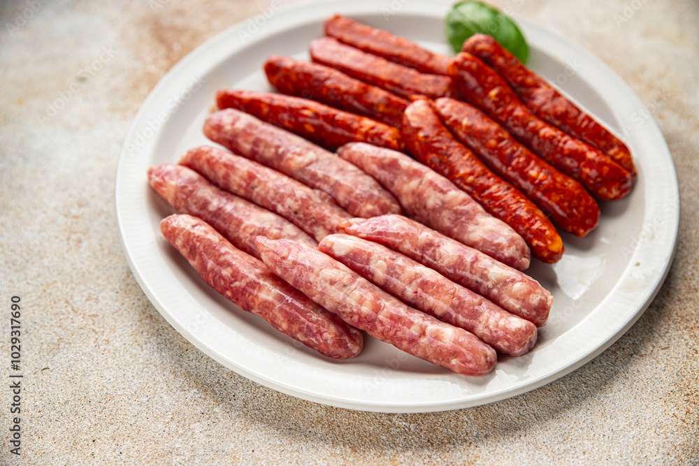 raw meat sausages beef, pork, chicken, lamb, dish fresh delicious gourmet food background on the table rustic food top view copy space