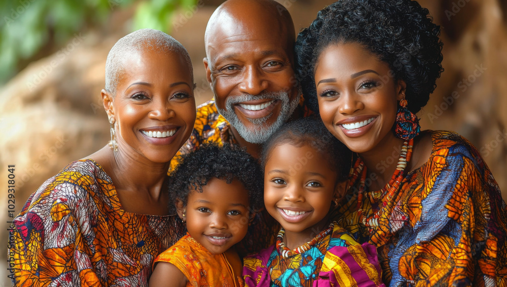Fototapeta premium Surrounded by colorful textiles, a close-knit African family shares laughter and warmth, celebrating their rich culture while creating lasting memories together