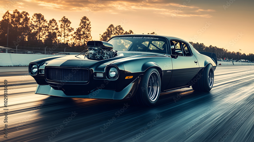 A widebody American muscle car with drag slicks and a supercharged engine roaring down a drag strip. A widebody American muscle car with drag slicks and a supercharged engine roaring down a drag strip.