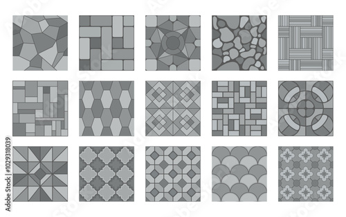 Grey stone street pavement patterns. Paving tile, cobblestone brick and stone floor samples top view. Vector concrete walkway, alley, outdoor patio repeat surface. Street gray garden sidewalk mosaic