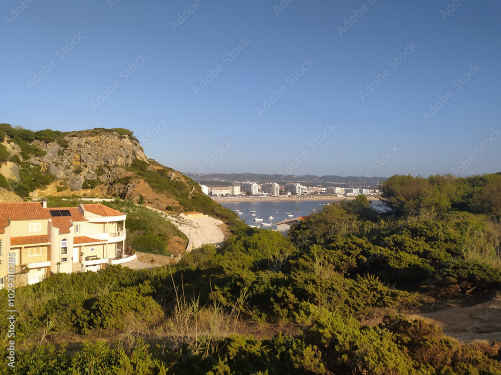 Fototapeta premium Coastal view of a vibrant waterfront town with boats in the harbor on a clear sunny day