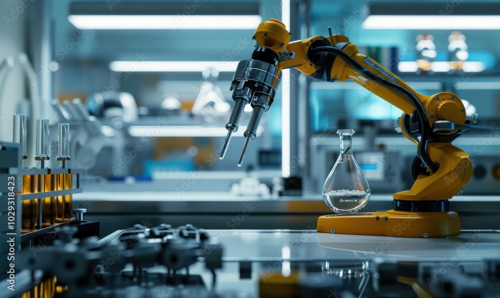 Robotic arm conducting precise experiments in a sterile environment, robotic 4K hyperrealistic photo. Robotic arm conducting precise experiments in a sterile environment, robotic 4K hyperrealistic photo.