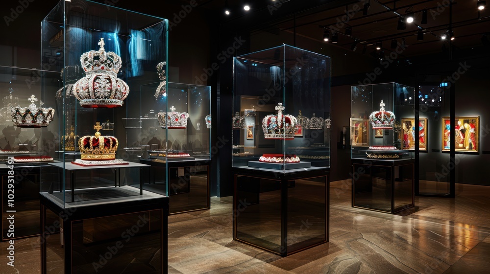 A display of historical jeweled crowns in a museum setting A display of historical jeweled crowns in a museum setting