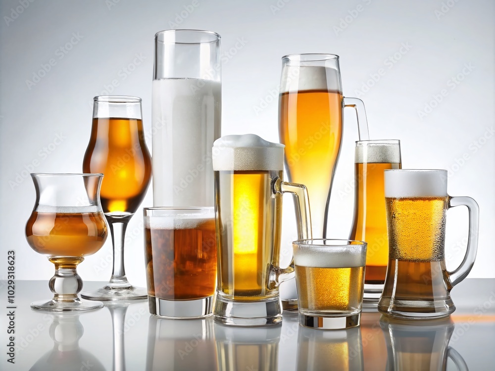 Empty Beer Glasses and Mugs on White Background for Beverage Photography Empty Beer Glasses and Mugs on White Background for Beverage Photography