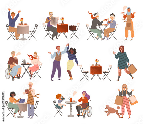 People in the Cafe Sit at Table Enjoy Drink and Communicate Vector Set