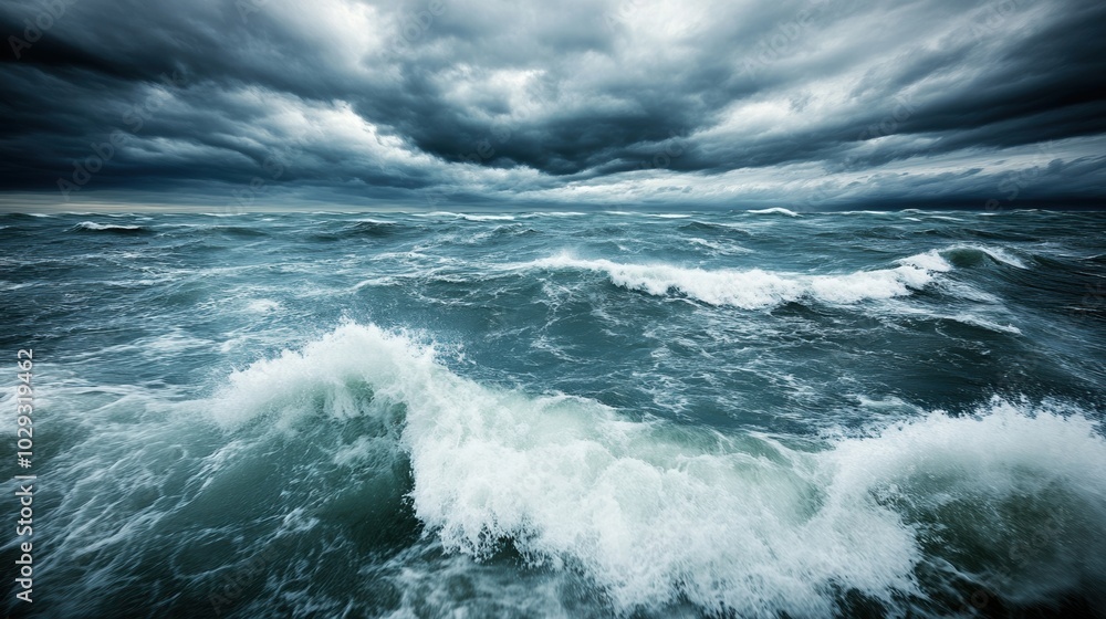 Fototapeta premium Stormy ocean waters with dramatic waves and dark clouds, creating a moody atmosphere.