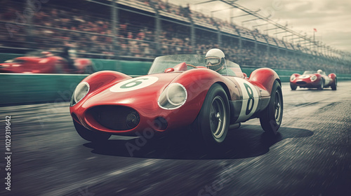 Vintage racing car on the track. Retro auto sport event, with fast classic cars