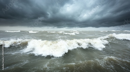 Stormy ocean waves under dark clouds, dramatic seascape with turbulent water. photo