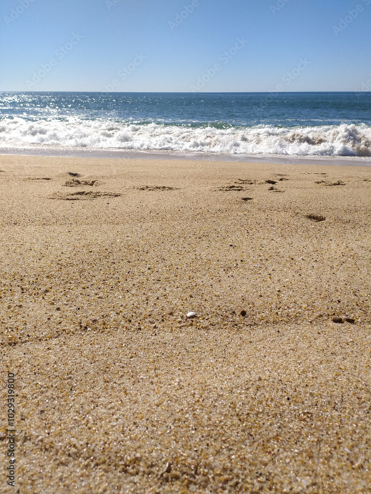 A serene beach at midday with gentle waves lapping the shore and clear blue skies inviting relaxation A serene beach at midday with gentle waves lapping the shore and clear blue skies inviting relaxation