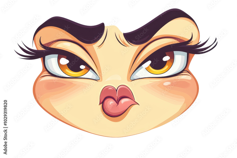Fototapeta premium A cartoon face showing a pout with raised eyebrows and fluttering lashes, expressing sass and attitude, set against a plain background.