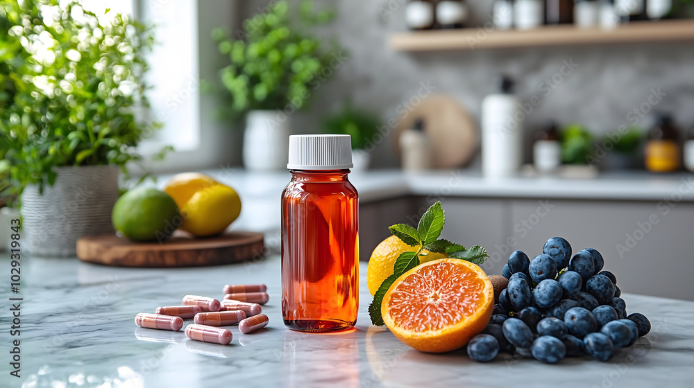 Vitamin bottle with fresh fruits and capsules Vitamin bottle with fresh fruits and capsules