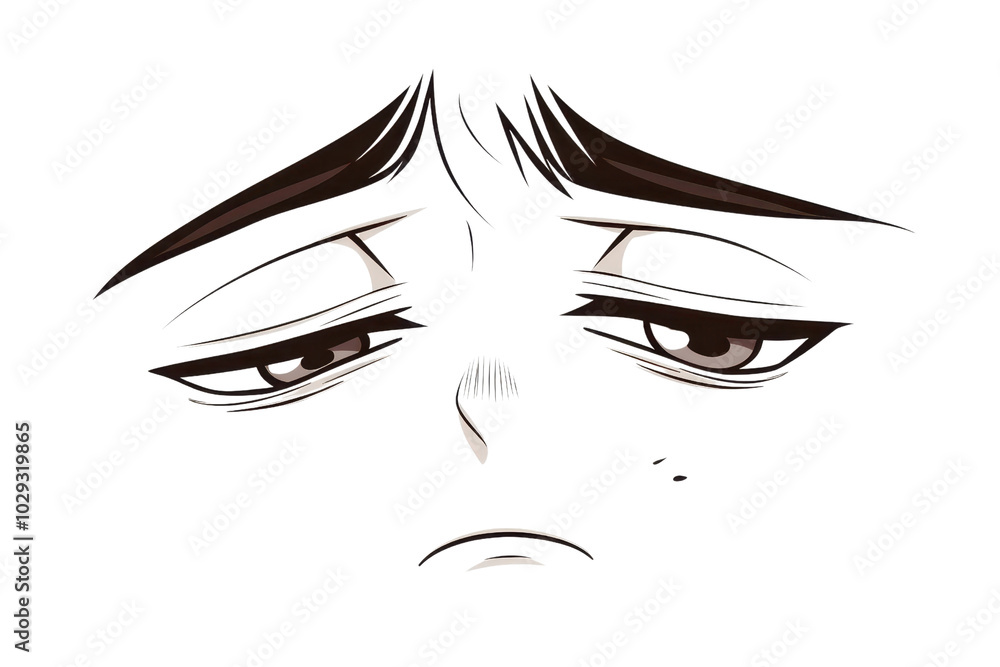 Close-up of expressive cartoon eyes and eyebrows conveying sadness or disappointment in a detailed illustration. Perfect for emotional themes. Close-up of expressive cartoon eyes and eyebrows conveying sadness or disappointment in a detailed illustration. Perfect for emotional themes.