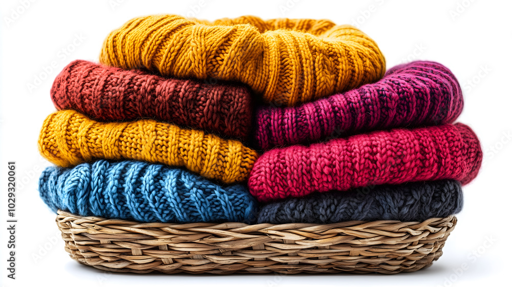 Stack of colorful knitted sweaters in basket Stack of colorful knitted sweaters in basket