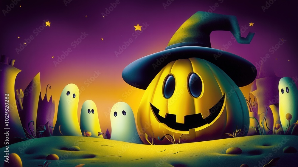 Naklejka premium Spooky Halloween Illustration of a Glowing Jack-o’-Lantern with Witch Hat – Haunted House and Bats at Sunset