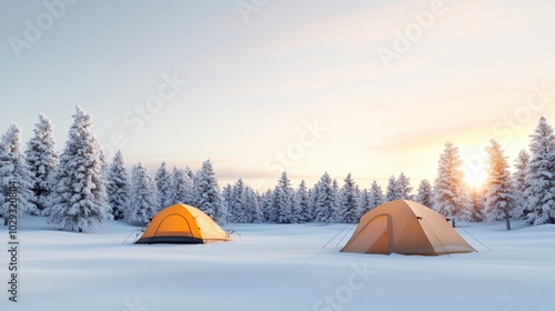 Tents nestled in snow-covered landscape with trees at sunrise. photo