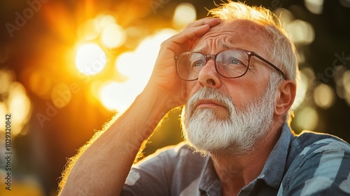 Thoughtful elderly man pondering under sunset lighting, emotional expression.