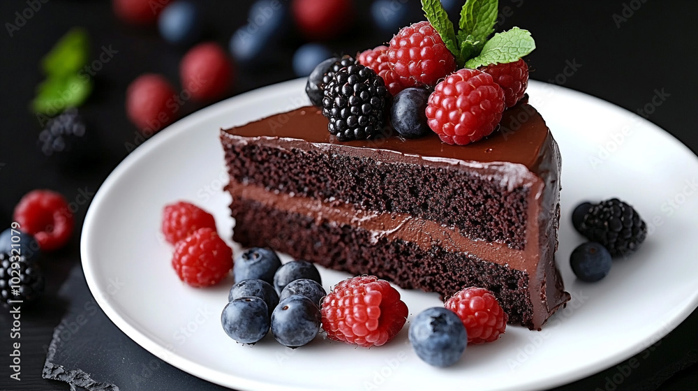 Delicious Chocolate Cake Slice with Fresh Berries and Mint Delicious Chocolate Cake Slice with Fresh Berries and Mint
