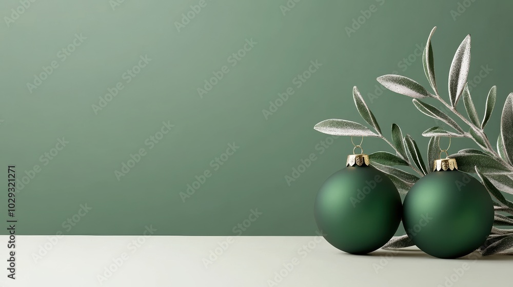 Two green Christmas ornaments with olive branches on a green background. Two green Christmas ornaments with olive branches on a green background.