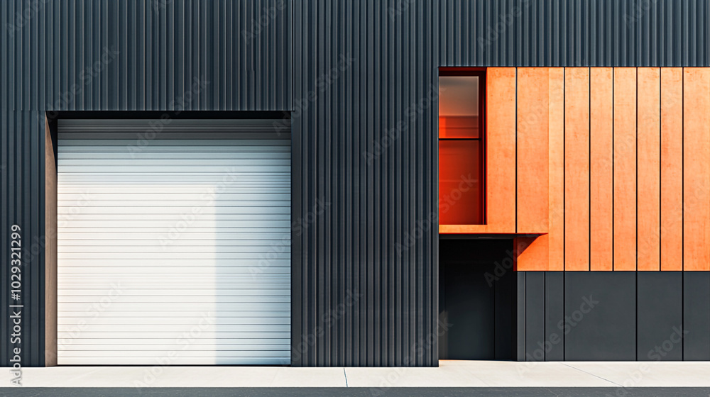 Modern Industrial Building with White Garage Door and Orange Panel Modern Industrial Building with White Garage Door and Orange Panel