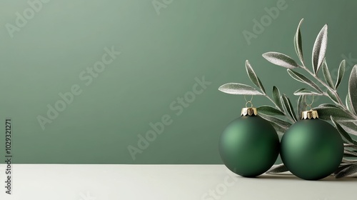 Two green Christmas ornaments with olive branches on a green background.