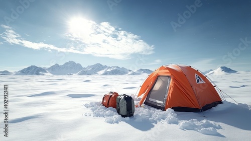 Vibrant orange tent on a snowy landscape under a clear blue sky.